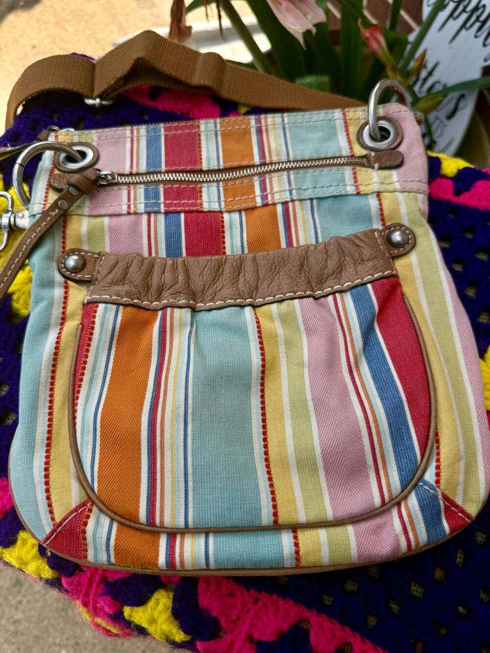 Fossil Multi-Color Striped Canvas Crossbody Shoulder Bag with Leather Trim